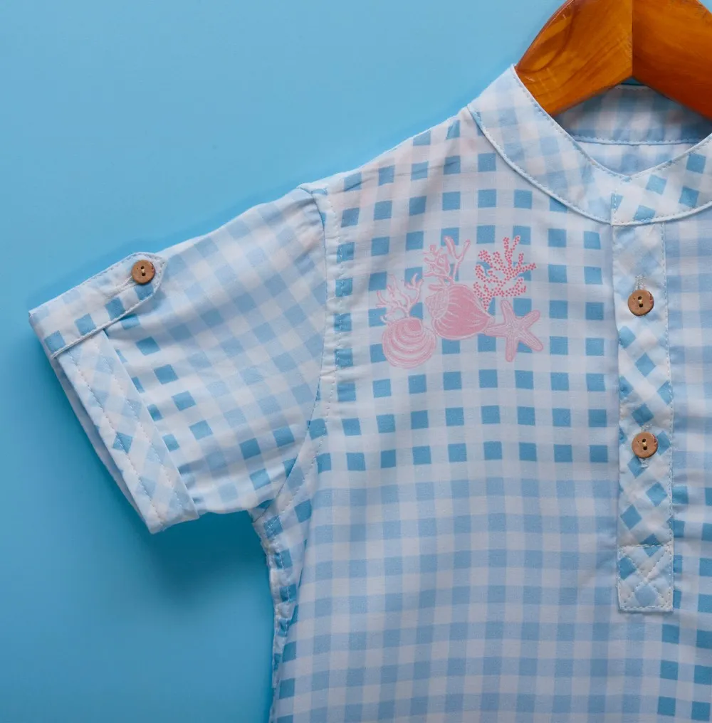 Boys Cotton Shirt - Coral Print & Blue Checks | Eco-Friendly & Handwoven