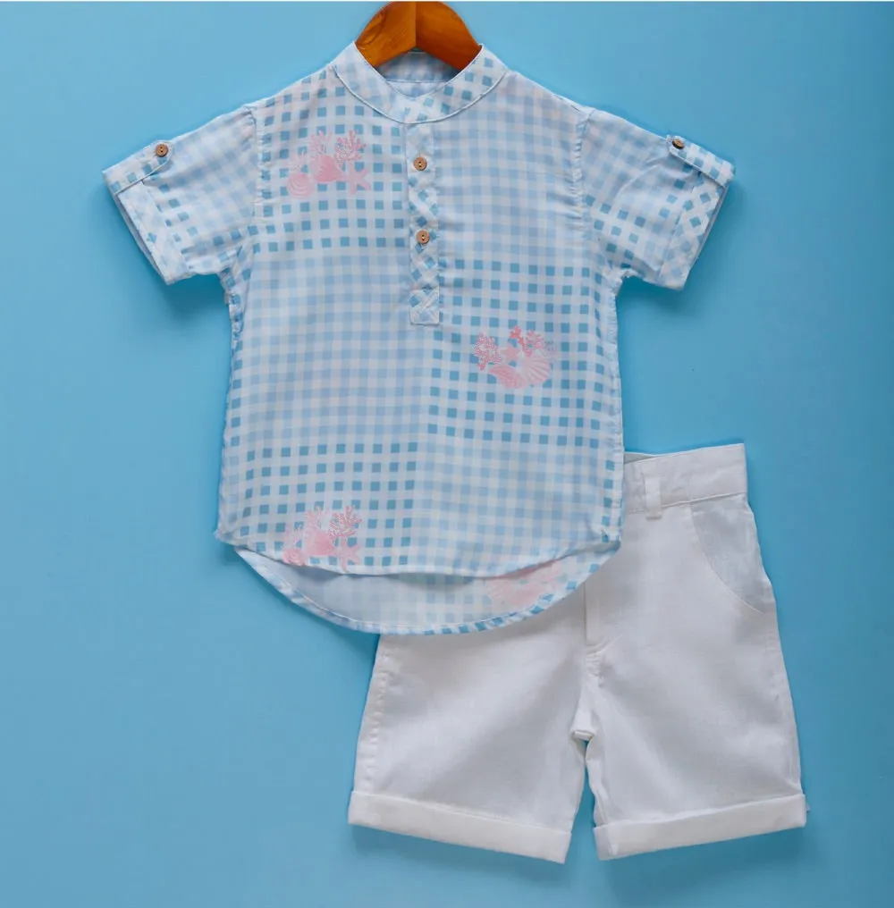 Boys Cotton Shirt - Coral Print & Blue Checks | Eco-Friendly & Handwoven