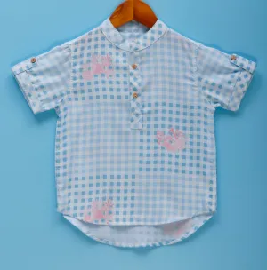 Boys Cotton Shirt - Coral Print & Blue Checks | Eco-Friendly & Handwoven