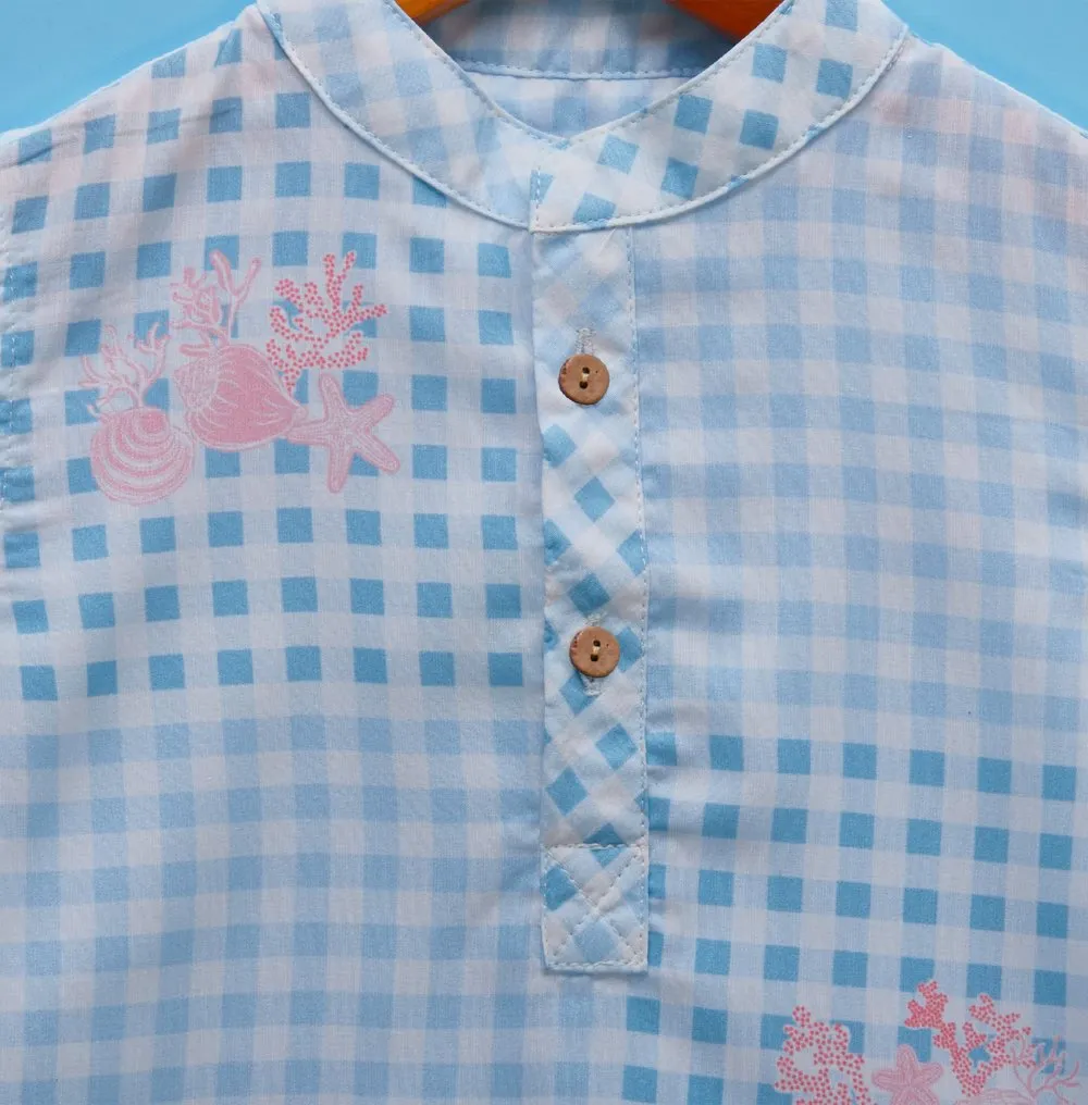 Boys Cotton Shirt - Coral Print & Blue Checks | Eco-Friendly & Handwoven